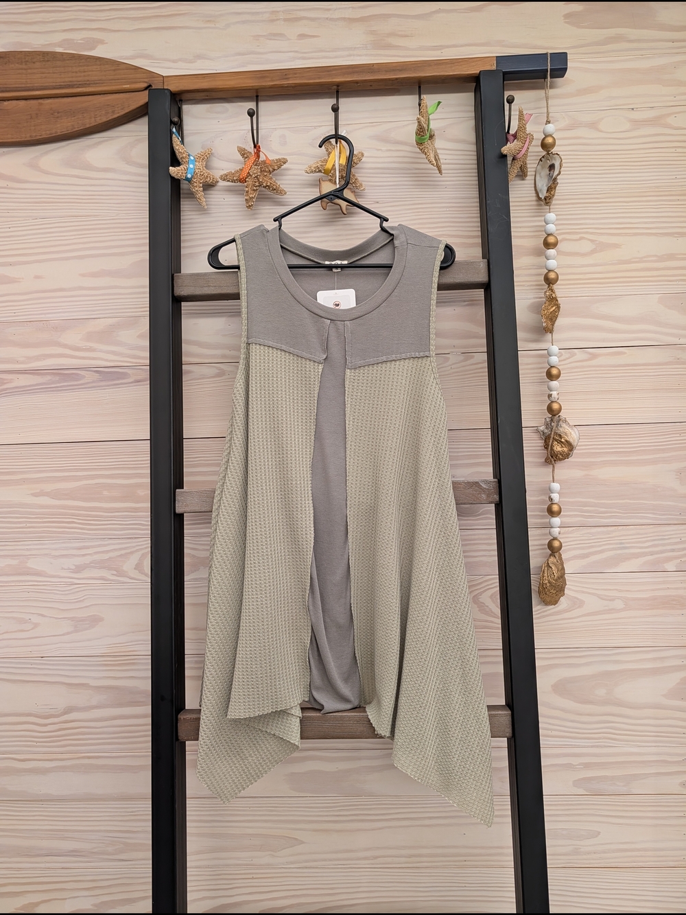 Sleeveless Draped Waffle Knit Tunic Top in Sage Gray